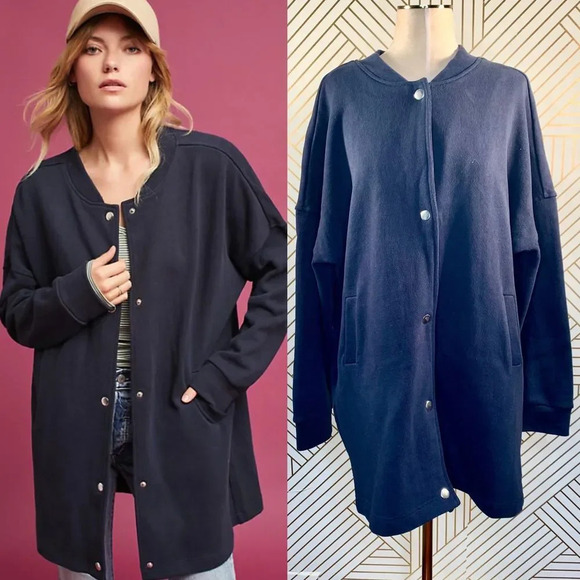 Anthropologie Deletta Murray Coat Sweatshirt Bomber Cotton Navy Blue Size Small - Picture 1 of 10